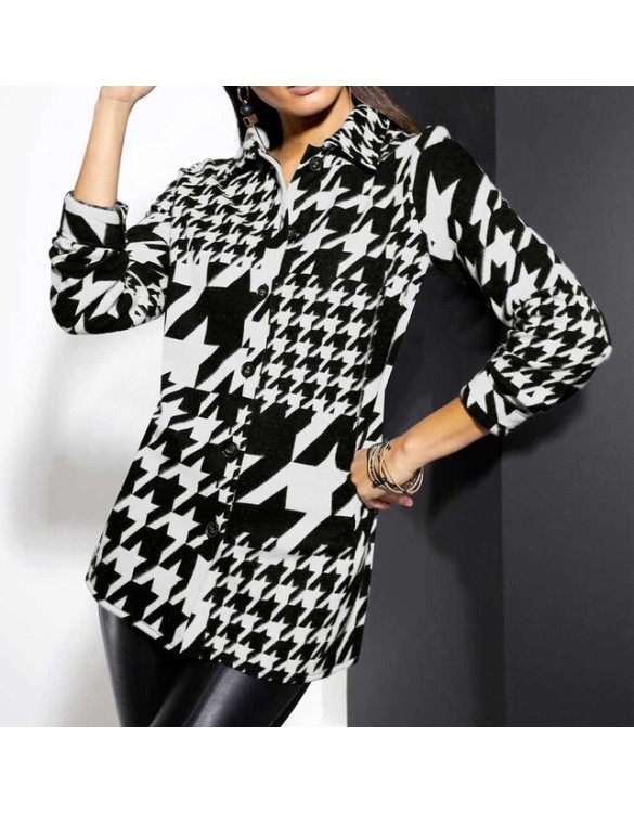 Fleecová košeľová bunda s kohútim vzorom Création L, čierno-biela