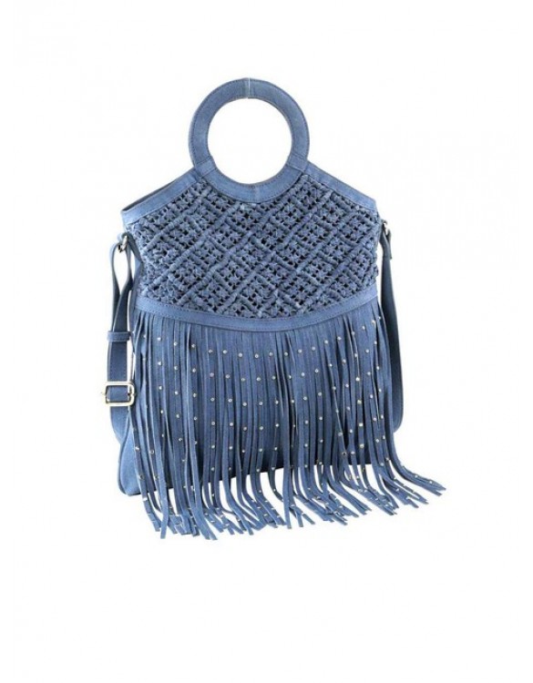 Kožená kabelka so strapcami Heine, rifľovo-modrá