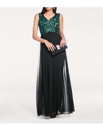 Šifónové vyšívané dlhé šaty Ashley Brooke, čierno-zelené
