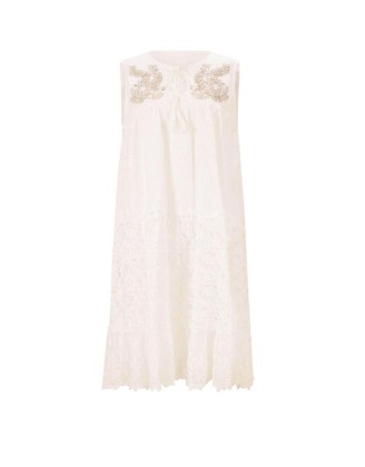 Čipkované šaty s perličkami Linea Tesini, smotanová