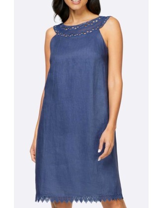 Ľanové šaty s makramé čipkou Linea Tesini, modrá