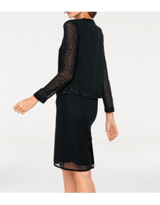 Elegantné šaty vyšívané perličkami so sakom, čierne