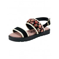 Kožené sandále s kvetmi, čierne