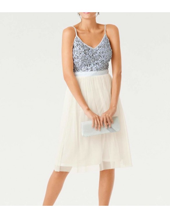 Koktejlové šaty s tylovou sukňou, krémovo bielo-strieborné
